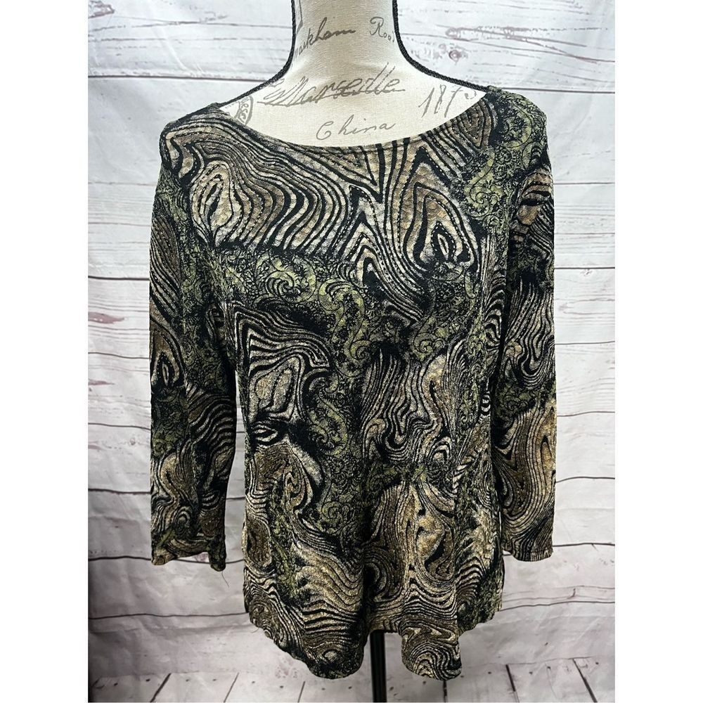 Notations Womens XL Black Gold Swirl Print Long Sleeve Boat Neck Top Shirt
